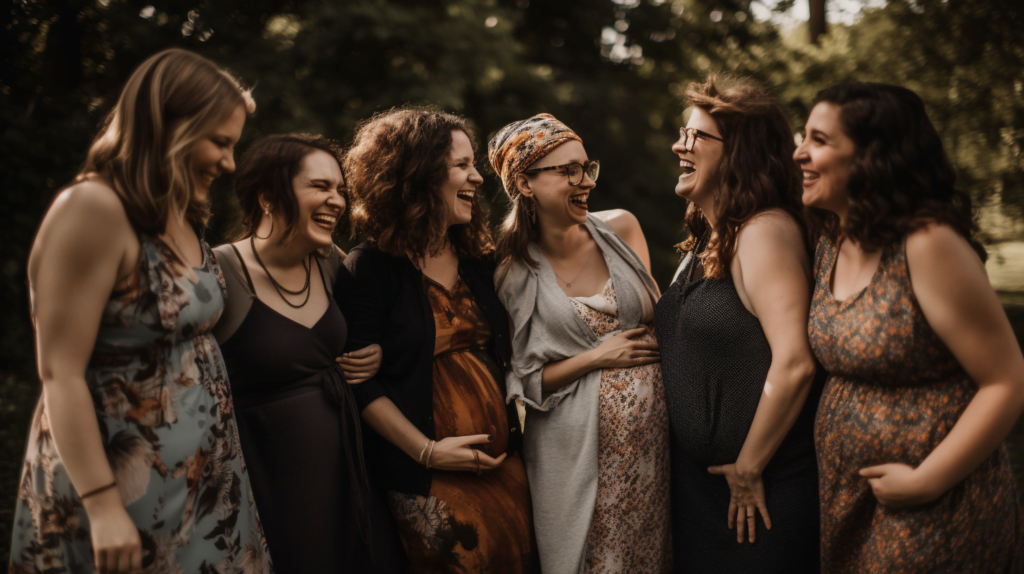 Diverse group of expectant mothers sharing a light moment