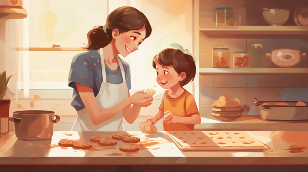 Indoor Mother Son Activities: Mother and son baking cookies in the kitchen