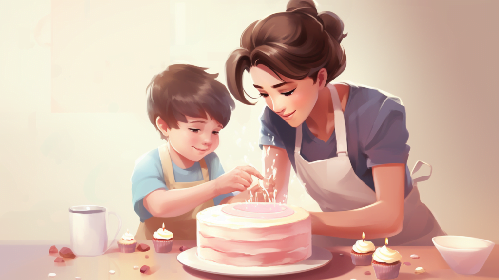 Mother and son create birthday cake together