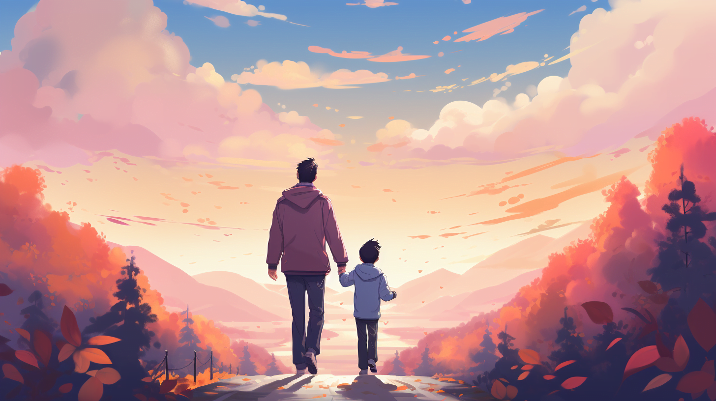 Parent guiding their son along a path, symbolizing guidance for a bright future.