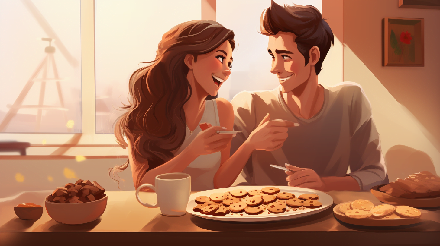 happy couple, plate of cookies on the on table, living room in background